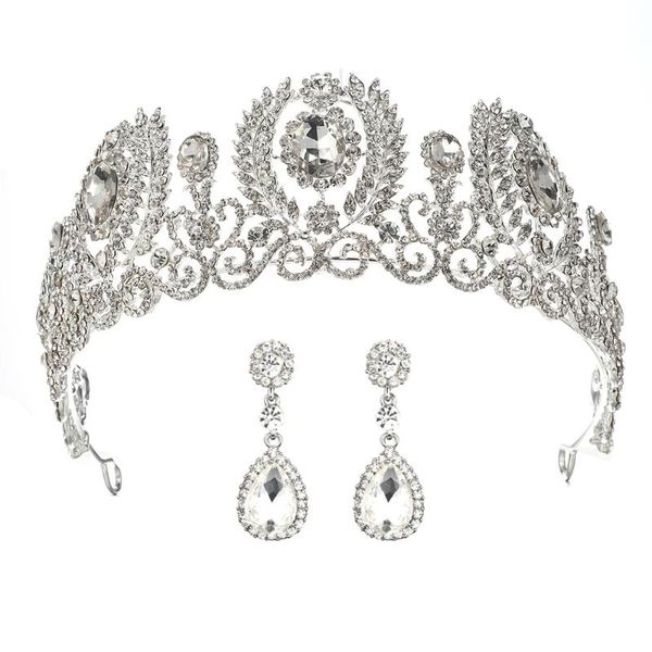 

big wedding crown for bride tiara with earrings rhinestone bridal headpiece headband pageant hair ornaments diadem jewelry, Golden;silver