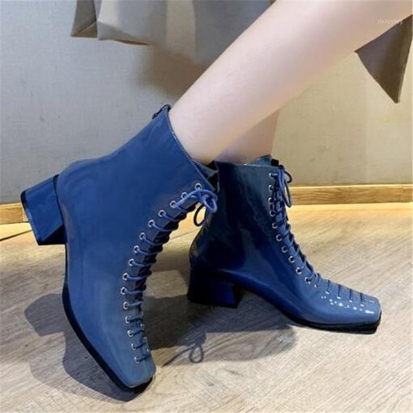 

spring shoes woman fashion square toe lace-up pu leather solid nude women ankle boots thick heel shoes causal boot black blue 401