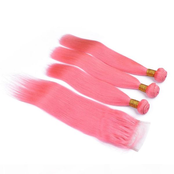 

silky straight brazilian pink color human hair weaves with 4x4 lace closure pure pink virgin human hair bundles deals with closure, Black;brown