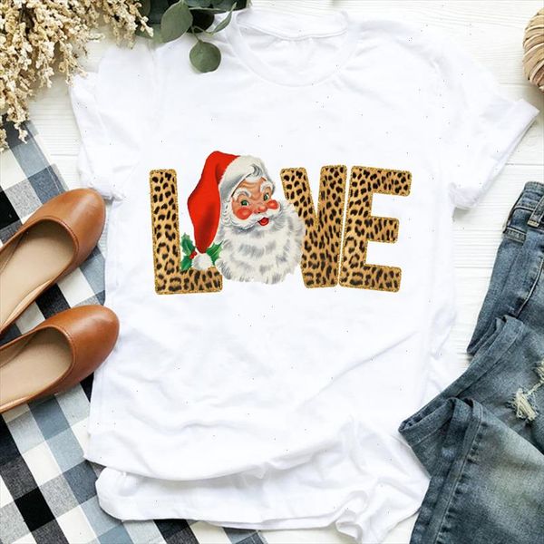 

women cartoon santa claus leopard clothing holiday merry christmas clothes ladies graphic print tee tshirt female t shirt, White