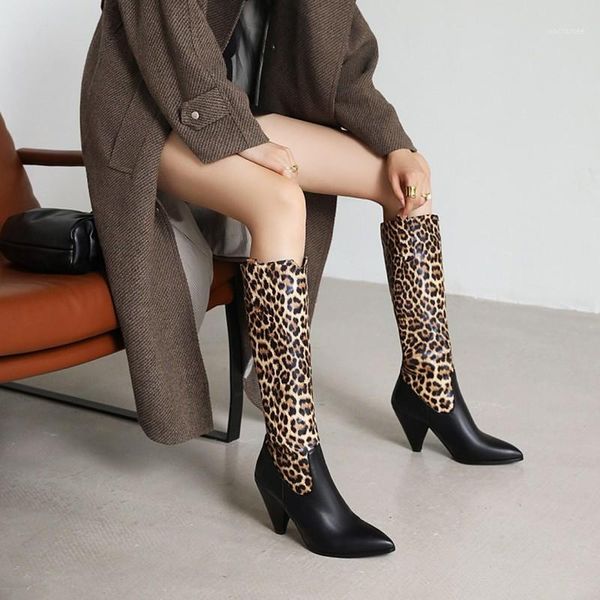 

new womens spike heels knee high boots heeled pointed toe long boots winter leopard patchwork female casual autumn shoes1, Black