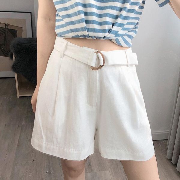

2020 summer women linen shorts solid color high waist female casual shorts with sashes, White;black
