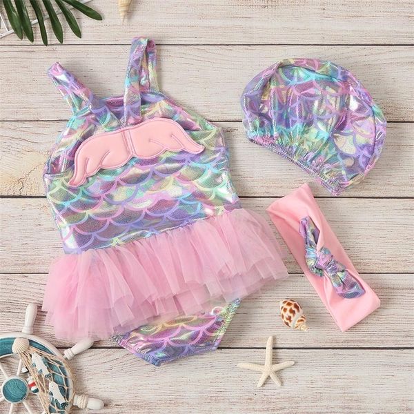 

baby girl girls sleeveless sling sequin fish scale net gauze one piece swimsuit y200325, White