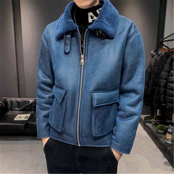 

man lamb wool jacket fashion trend long sleeve cardigan zipper fleece outerwear designer male winter new thicken casual slim suede coats, Black;brown
