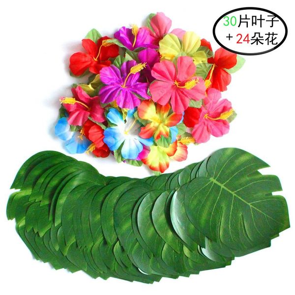 

artificial tropical palm leaves and silk hibiscus flowers party decor monstera leaves hawaiian luau jungle beach theme party decorations