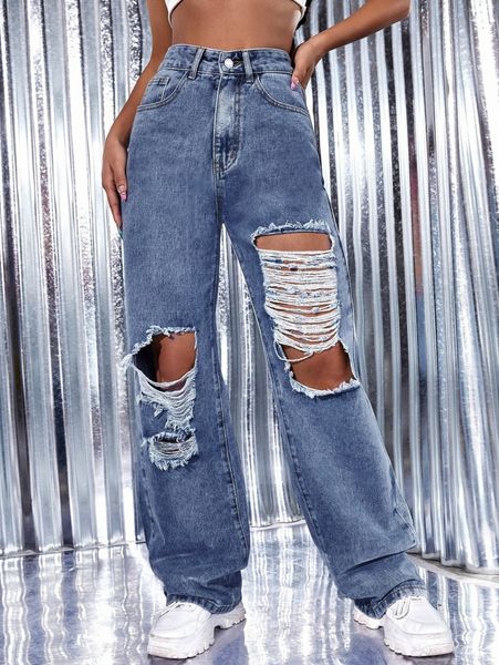 

high waist ripped wide leg jeans k4xr#, Blue