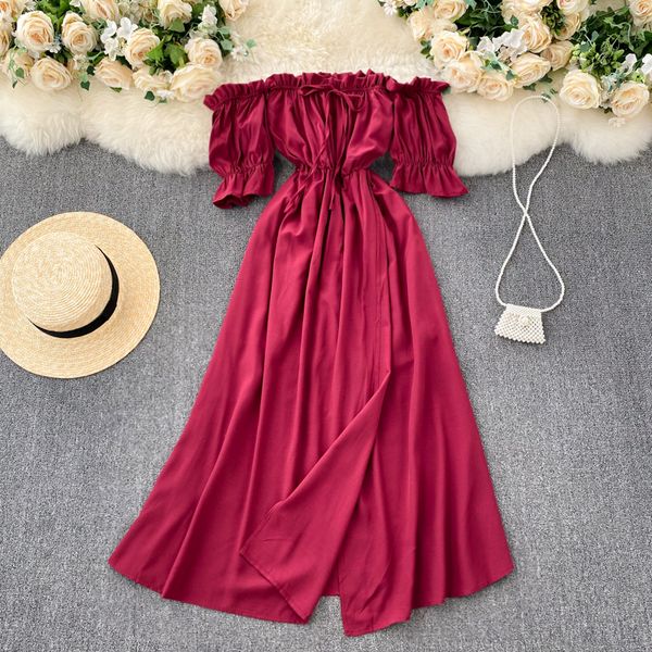 

2021 new slash neck summer puff solid to-line dressed elegant off the shoulder beach dress s8ru, Black;gray