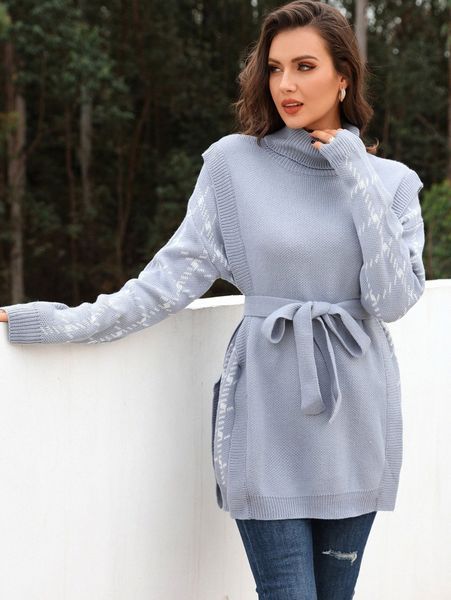 

plaid pattern turtle neck 2 in 1 belted sweater m27d#, White