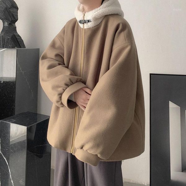 

winter thick lamb fur jacket men's warm fashion retro hooded woolen coat men loose korean short coat mens woolen jackets clothes1, Black