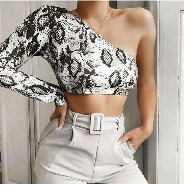 

women tanks summer fashion one shoulder crop snake print serpentine tank evening party club bandage tunique femme streetwear, White