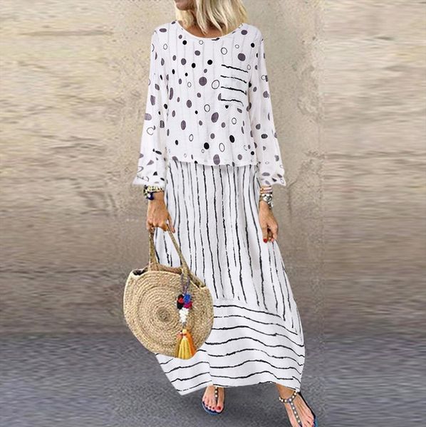 

урожай maxi платье лета женщин boho польки striped поддельный двухсекционный длинное платье сыпучие хлопок белье vestidos плюс размер robe, Black;gray