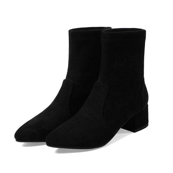 

2021 new fashion pointed toe zipper ankle boots flock women boots autumn winter square heel ladies shoes big size 34-43, Black