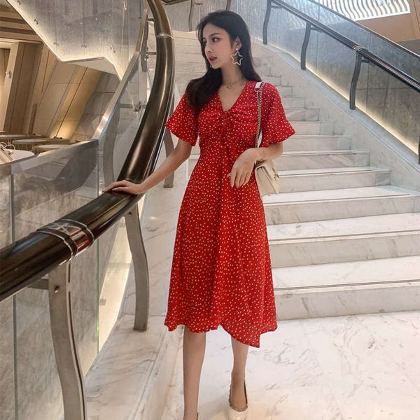 

chiffon 6710# v-neck wave dress point in summer, Black;gray