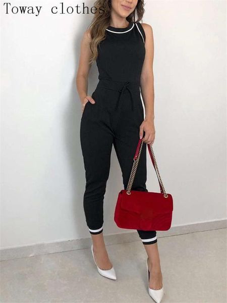 

tie waist casual women jumpsuit o-neck sleeveless fashion jumpsuits contrast binding1, Black;white