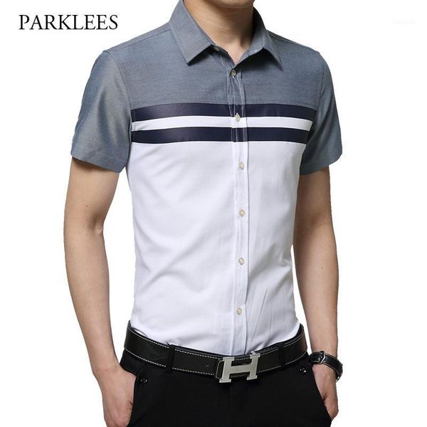 

cotton striped shirt men 2020 summer short sleeve mens dress shirts breathable patchwork chemise homme camisa masculina 3xl1, White;black