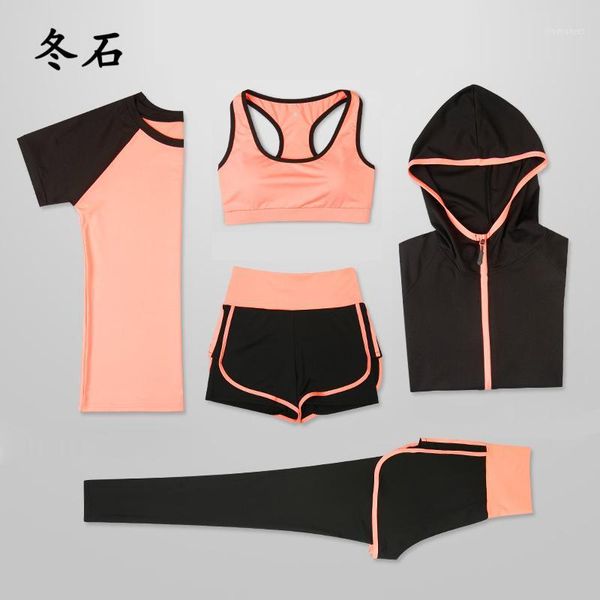 

yoga outfits women 5 piece set for running t-shirt fitness bra sports wear gym clothing workout suit1, White;red
