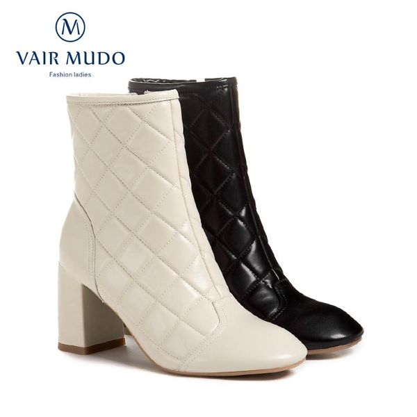 

vair mudo ботильоны женщины черный белый толстые каблуки натуральная кожа осень зима мода pigskin элегантный короткий плюш bootsdx80l, Black