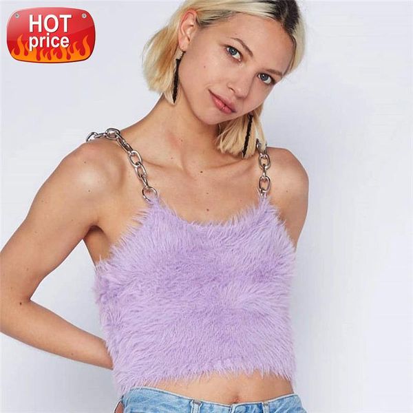

cute purple fluffy tank girl crop with metal link chain straps 2019 summer fashion streetwear for young lady #uj5f, White