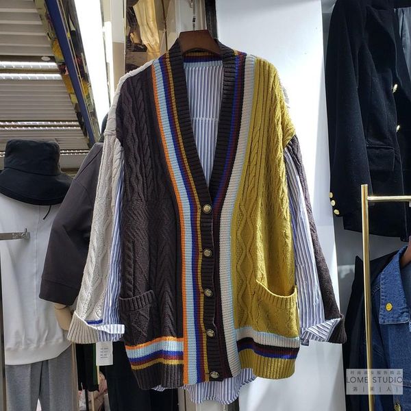 

zcsmll 2021 autumn new cardigan sweater jacket long sleeve stitching striped loose mid-length knitted outer wear women top, Black;brown