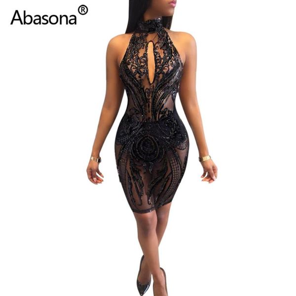 

abasona sequined bodycon mini dresses night club bandage party dress women summer 2021 mesh backless spring vestidos female, Black;gray