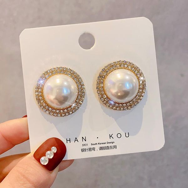 

stud imitation pearls gold silver color round earrings for woman luxury crystal earring female simulated pearl rinstone, Golden;silver