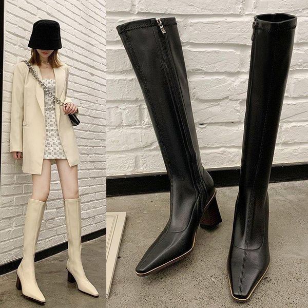 

2020 fashion women pointed long boots leather boots women thigh high autumn winter high heels botas de mujer, Black