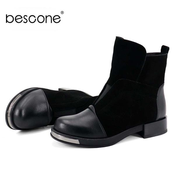 

bescone casual lace-up women boots winter casual metal decoration 3.5 cm med heel shoes round toe square heel lady boots c263, Black