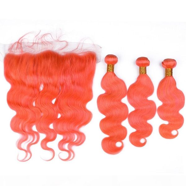 

pure orange peruvian virgin hair wefts with lace frontal closure 13x4 body wave orange colored human hair 3 bundles with full lace frontal, Black;brown