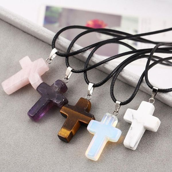

pendant necklaces natural stone necklace cross shape crystal agat tiger eyes jewelry good quality, Silver
