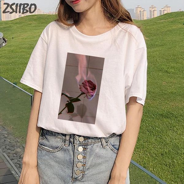 

harajuku female t shirt rose flower flame print short sleeve tshirt womens casual fun t shirt for lady tee hipster tumblr, White