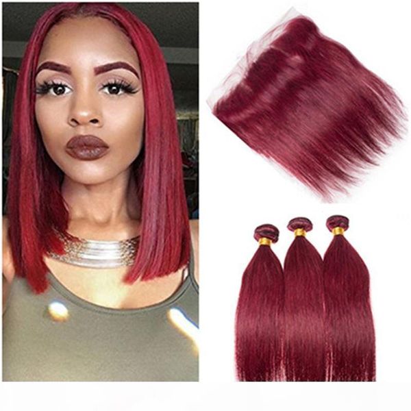 

burgundy red peruvian virgin human hair weaves with frontal straight #99j wine red 13x4 full lace frontal closure with 3 bundles deals, Black;brown