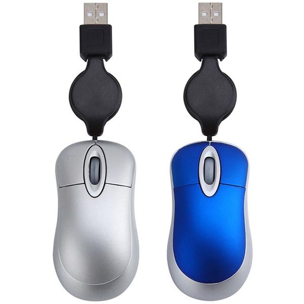 

2 pcs mini usb wired mouse retractable cable tiny small mouse 1600 dpi optical compact travel mice- silver & blue