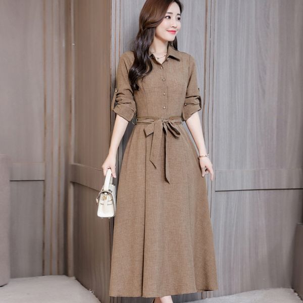 

nvcd9 col dress dresscotton and linen dressand dress hemp women 2020 new long sleeve long slim slim waist temperament fashion elegant solid, Black;gray