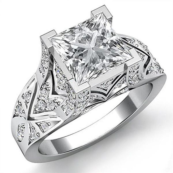 

ring white princess cut size 6-10 wedding ring women silver plated elegant, Slivery;golden