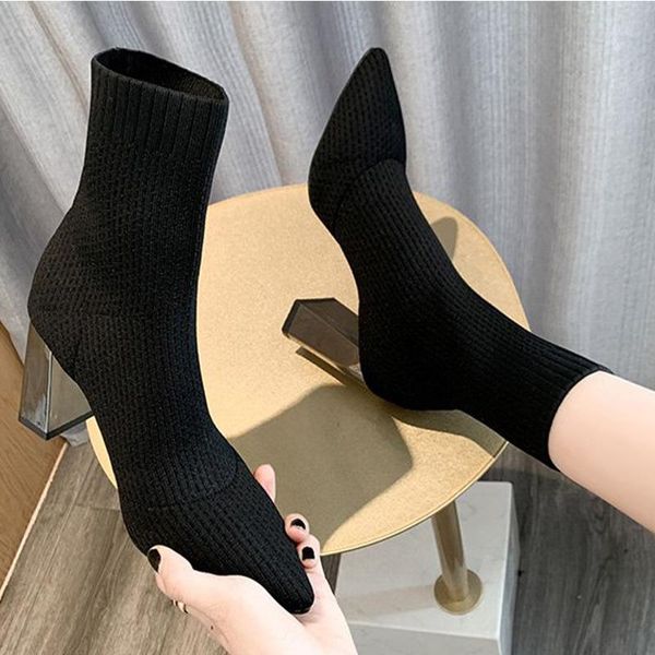 

boots women sock ankle warm kintting ladies high heels winter stretch fabric pointed toe shoes fashion 2021, Black