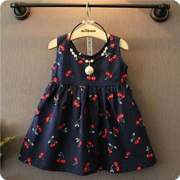 

summer girls cherry pattern sleeveless dress kid size120cm, Black;white