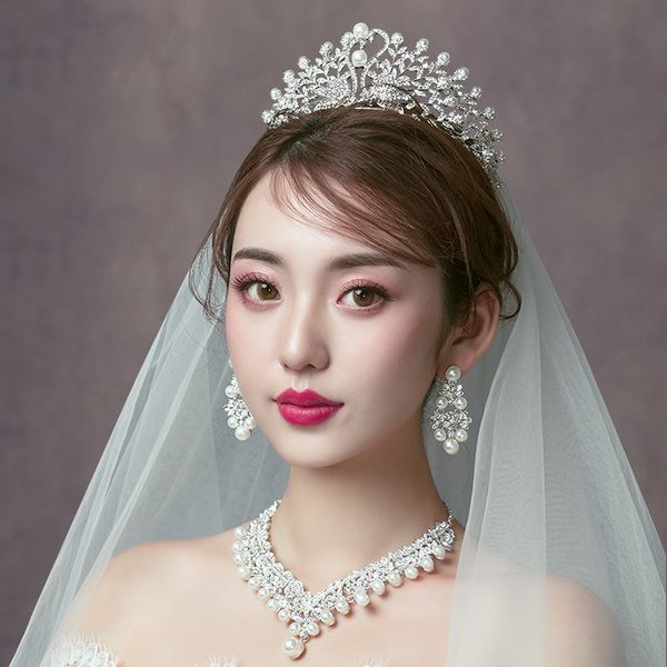 

2020 new bridal headdress three piece crown necklace set fairy hair wedding dress accessories, Silver
