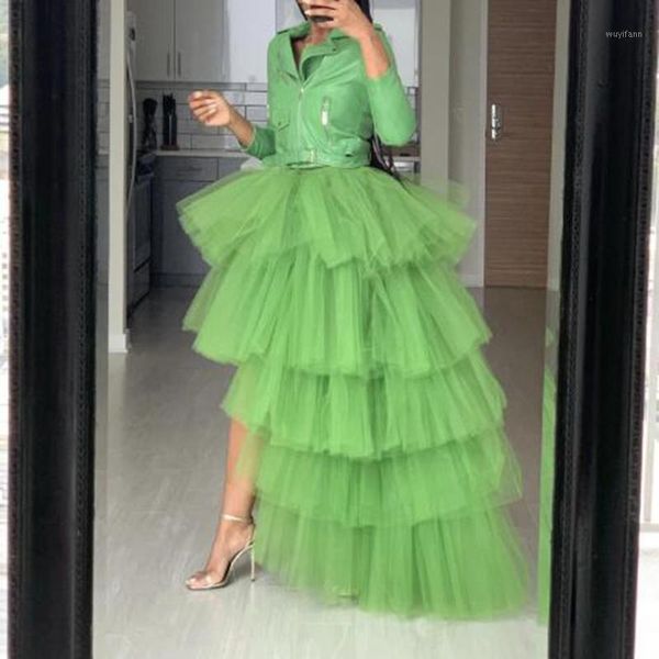 

2020 pretty green high low tulle skirts elegant puffy tulle ruffle elastic waist maxi skirt chic tiered women long skirt1, Black