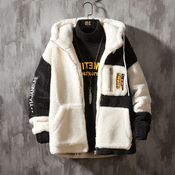 

2021 new brand men's fleece coat men warm jacket fashion high street thick patchwork winter jackets male emnt, Black;brown