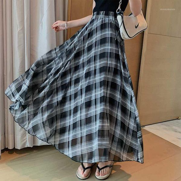 

skirts plaid black white women skirt pleat vintage spring summer straight long office lady high waist girls femininas1