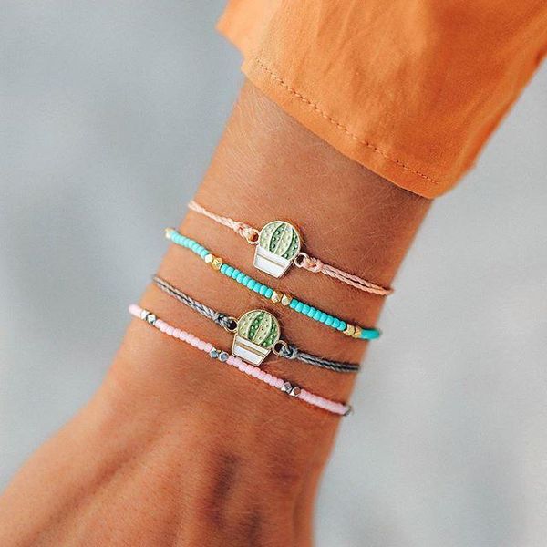 

4 pcs/set potted cactus bracelets bead chains mini cactus bracelets for women 2020 fashion plant model hands feet accessories, Black
