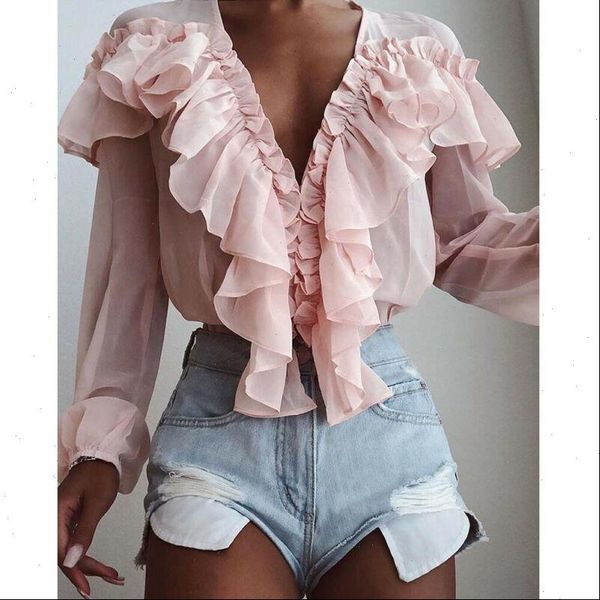 

women chiffon solid color v neck ruffle trim blouse ladies casual long sleeve shirt loose female blusas, White