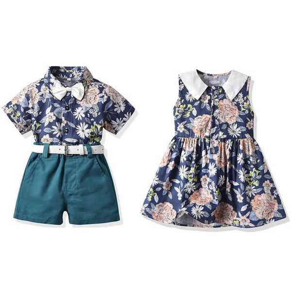 Roupas irmãos e irmãs Set Summer Family Combating Roupfits Kids Boys Gentleman Clothes Girls Floral Princess G220310