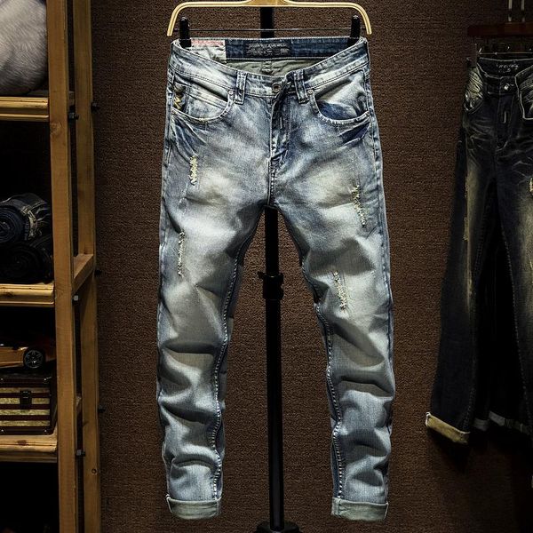 

men's jeans italian style fashion men slim fit light blue destroyed ripped denim pants streetwear designer hip hop