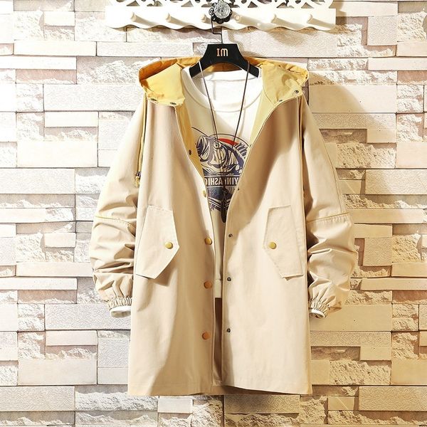 

new loose tooling windbreaker autumn clothing fattening oversize fashion men's medium and long overcoat, Tan;black