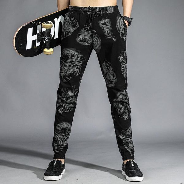 

2d new men's european and american trendy trousers men's stretch-printed sweatpants printed trousers, Blue