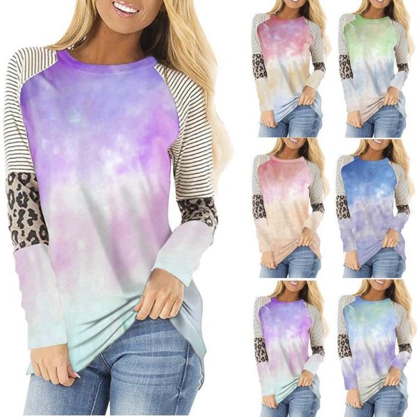 

2021 casual for women long sleeve loose round neck leopard print tie-dye shirts plus size blouse women camisa de mujer1, White