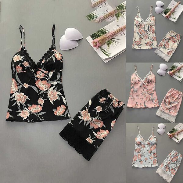 

2pcs pajamas ladies suit satin lace deep v-neck sling backless shorts nightgown sleepwear homewearwomen set, Black;white