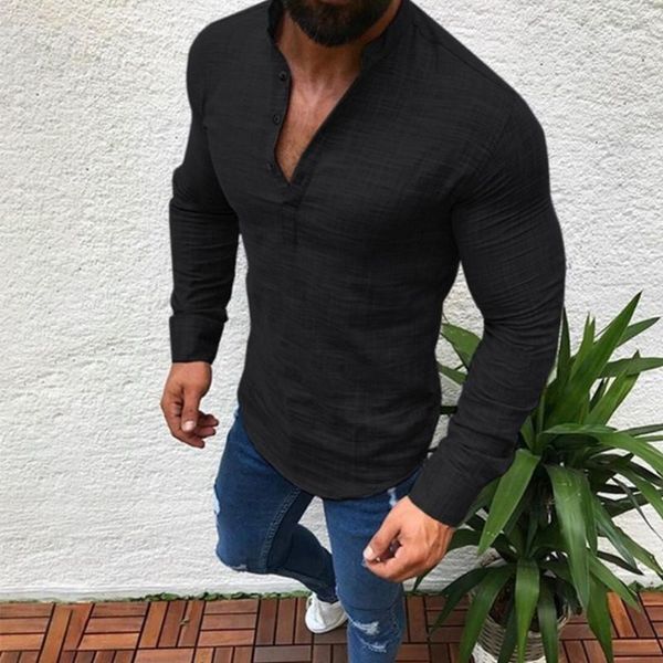 

2020 new men long sleeves blouse summer fashion casual cool clothing slim fit tees male breathable linen shirt1, White;black