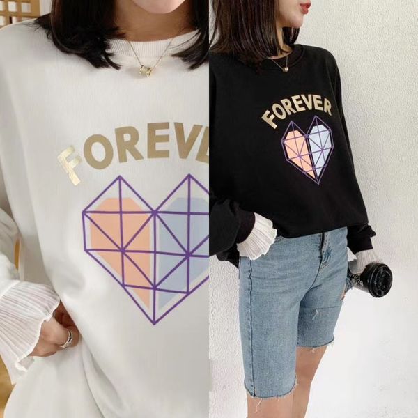 

spring and autumn korean women's casual versatile letter love lace sleeve stitching loose lace sweater large round neck sweater fashion, Black